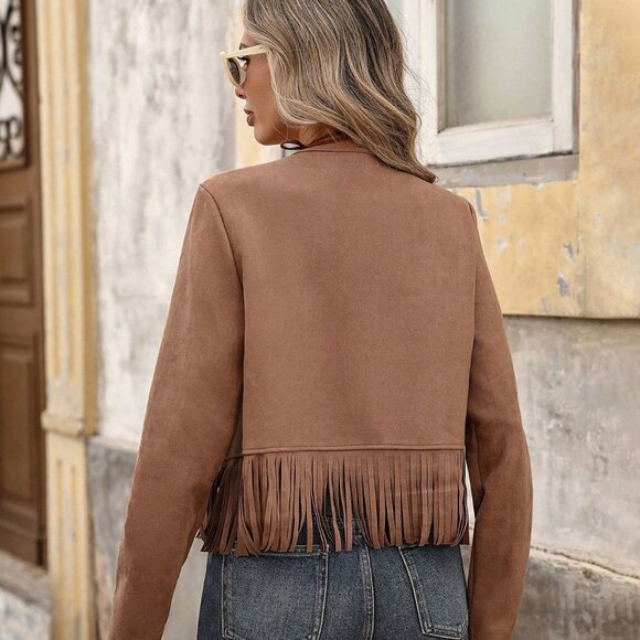 Khaki Casual Women's Bohemia Fringe Trim Cardigan - Picture 3 of 8